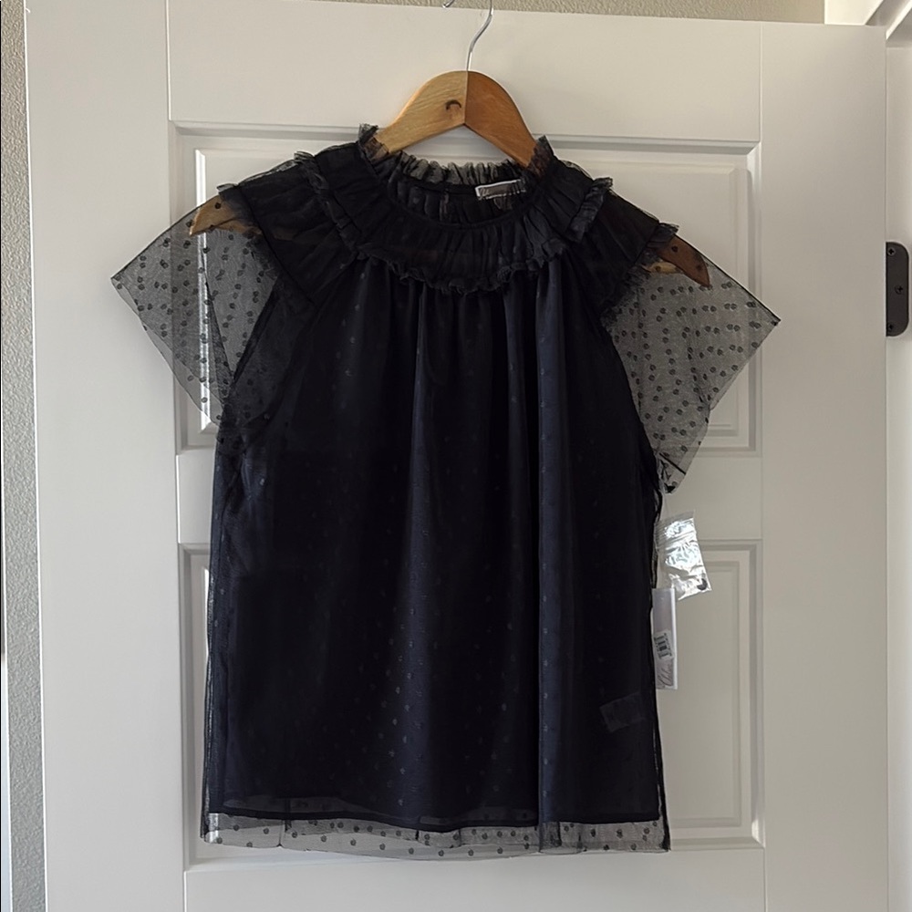 NWT Nordstrom Chelsea 28 Black Sheer Polka Dot Ruffle Blouse M